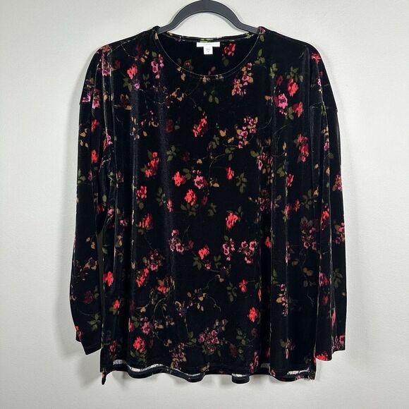 J. Jill Tops - J.Jill Medium Black Red Pink Floral Velour 3/4 Sleeve Top